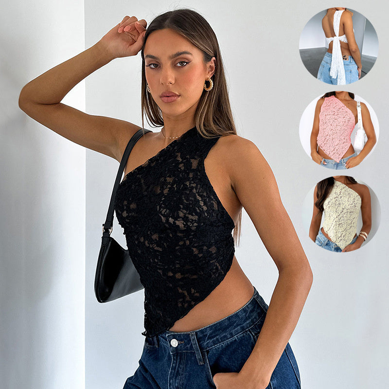 Lace Backless Top Summer Solid Color Waistless Asymmetrical Sloped Neck Vest Streetwear Womens Clothes